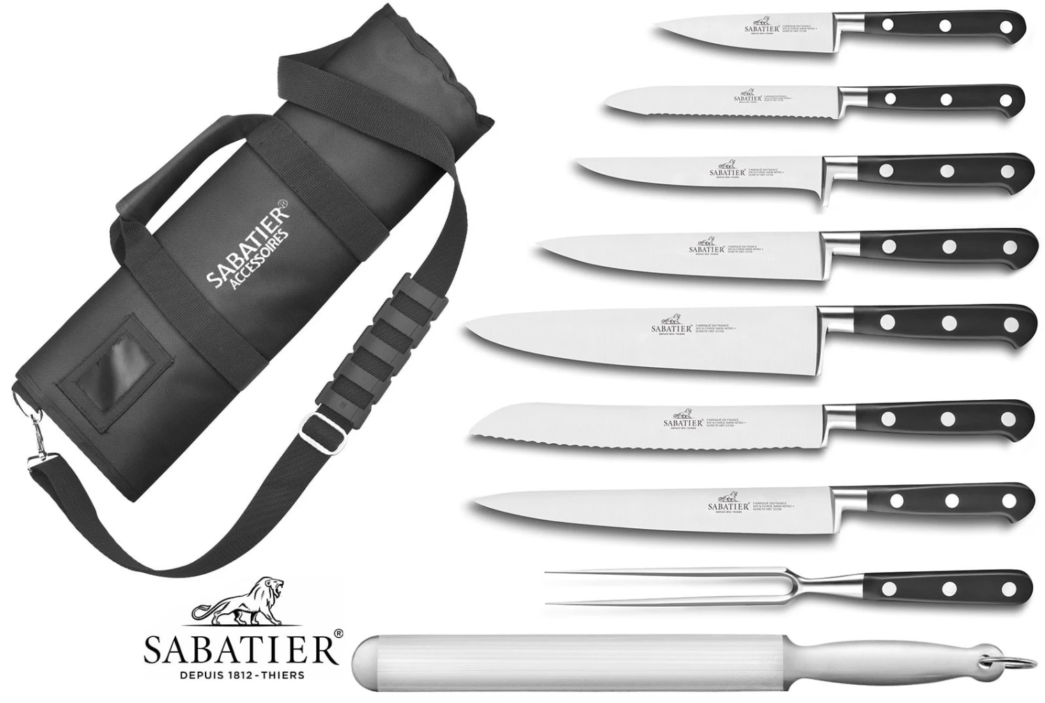Knife Gear Shop -Knife Gear Shop sabatier roll bag 7 ideal forged knives 1 carving fork 1 sharpening steel